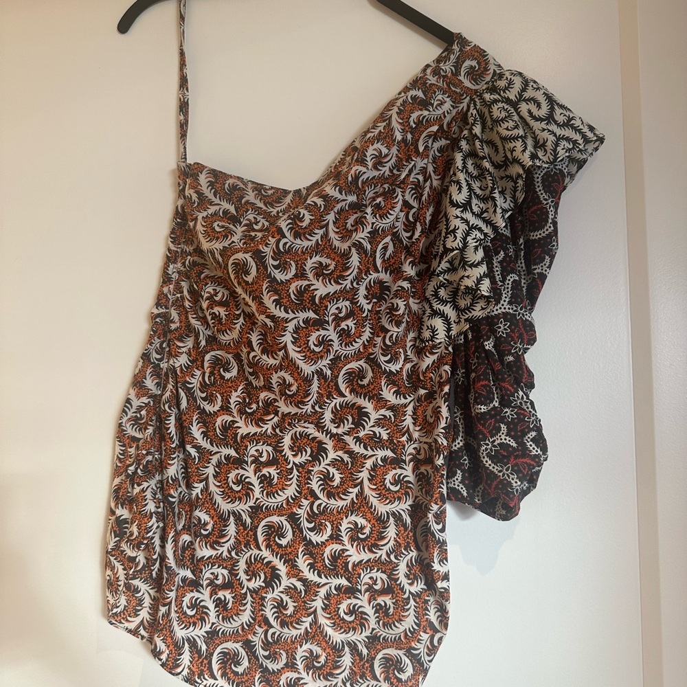 Isabel Marant Brown and White Ruffled Asymmetrical top